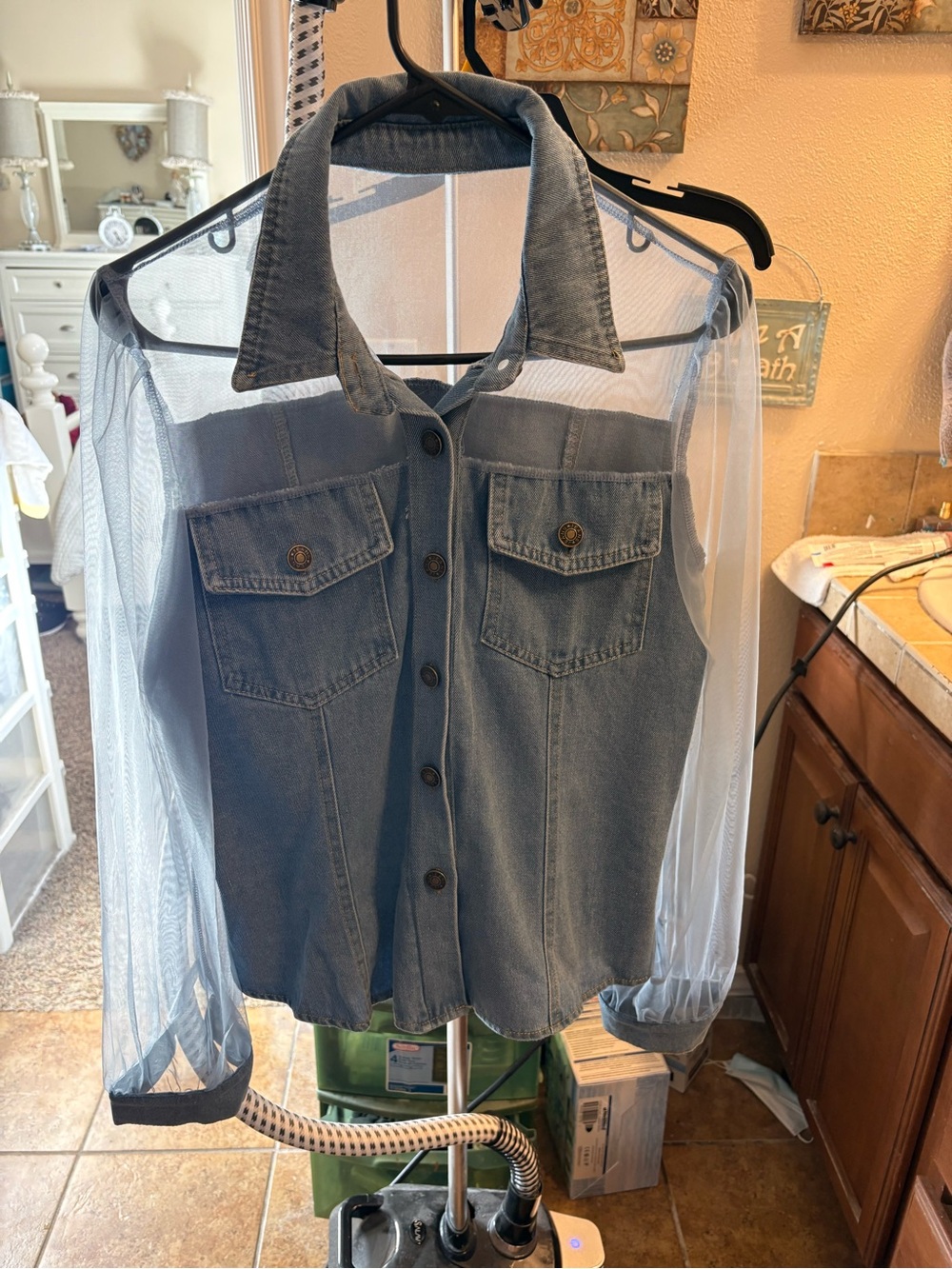 Source Unknown Blue Denim-Style Button Front Shirt with Sheer Sleeves